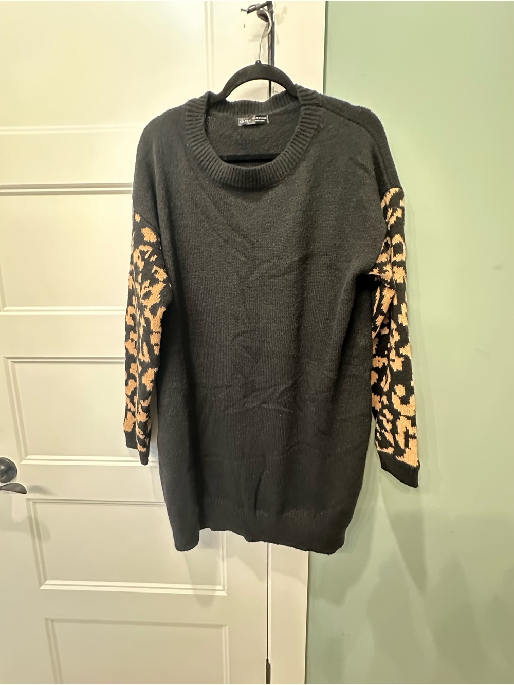 Black Sweater Dress with Tan Leopard-Print Sleeves